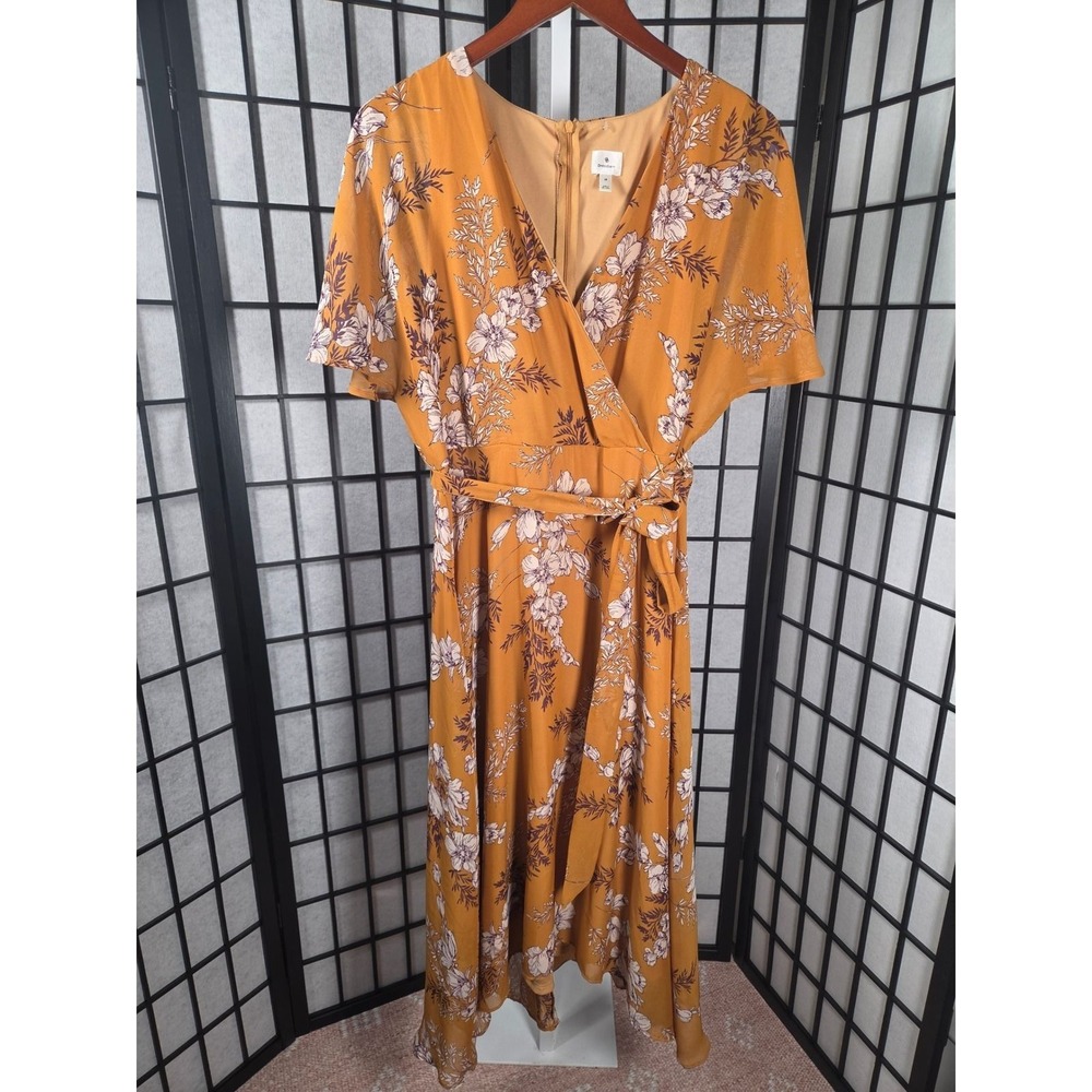 Dressbarn Mustard Yellow Floral Wrap Faux Midi Dress Flutter Sleeve Size 12